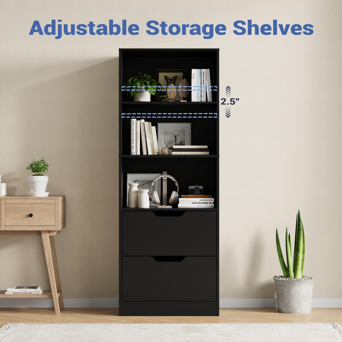 63" H Black Bookshelf with 2 Drawers H3434
