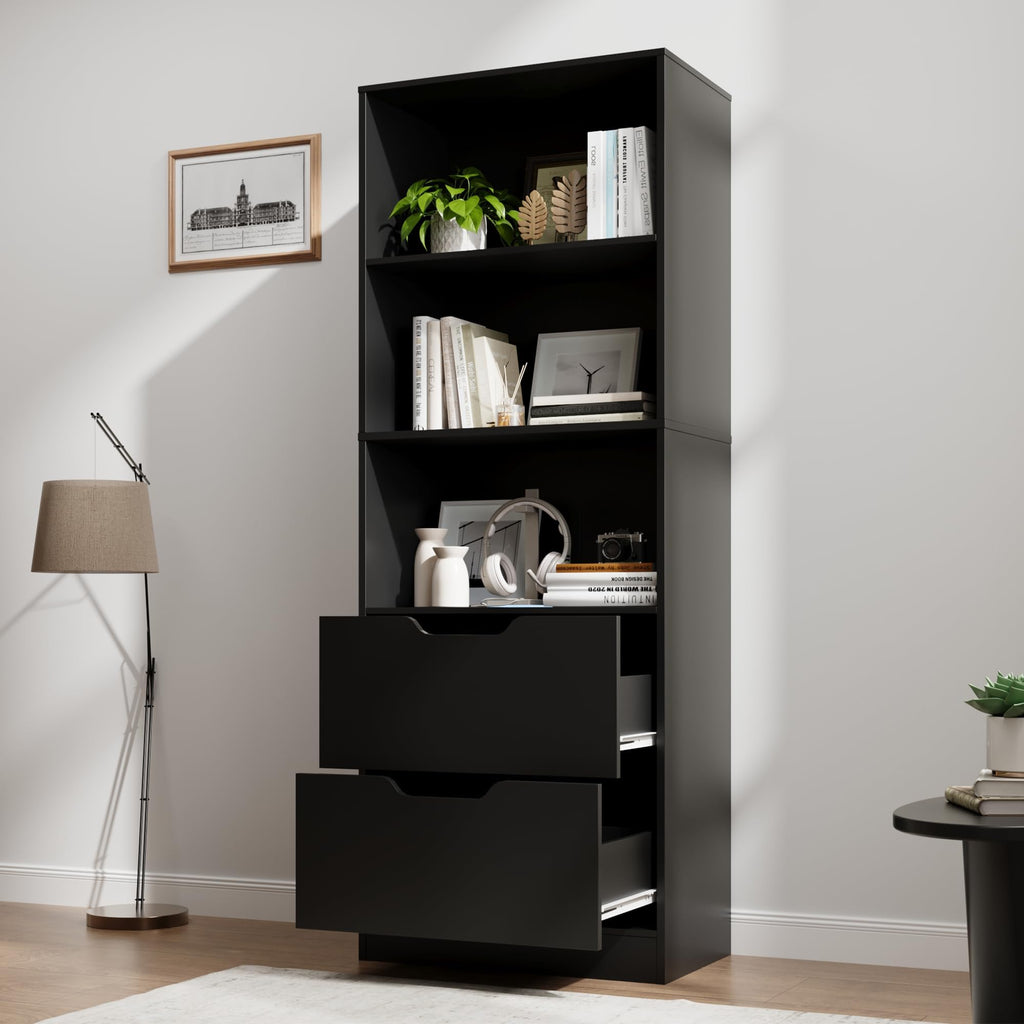 63" H Black Bookshelf with 2 Drawers H3434