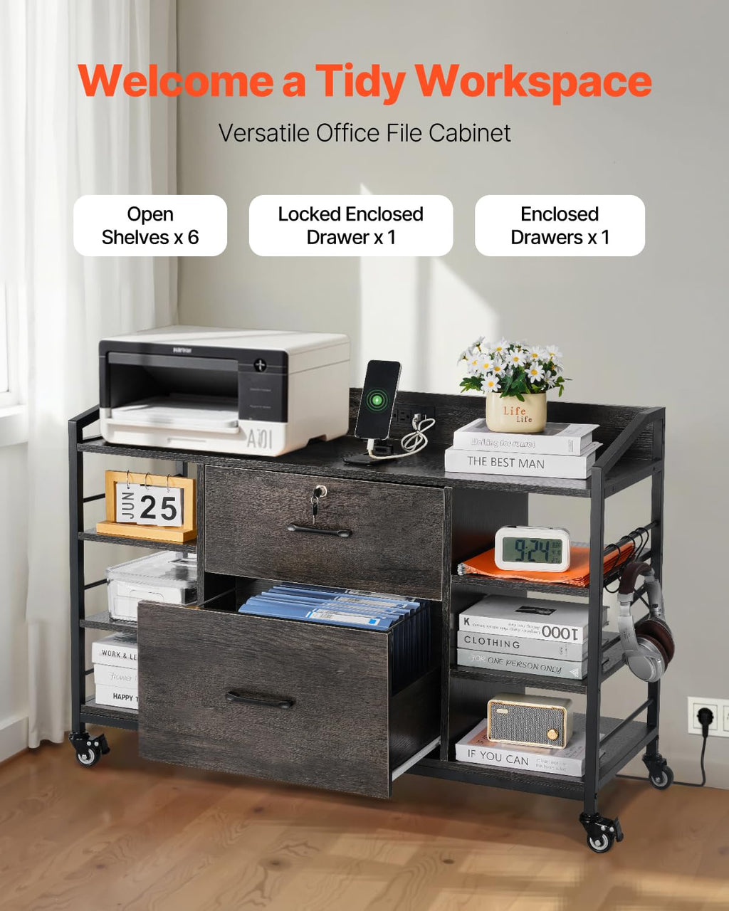 2 Drawer Metal File Cabinet with Lock and 6 Open Shelves, Gray X95116