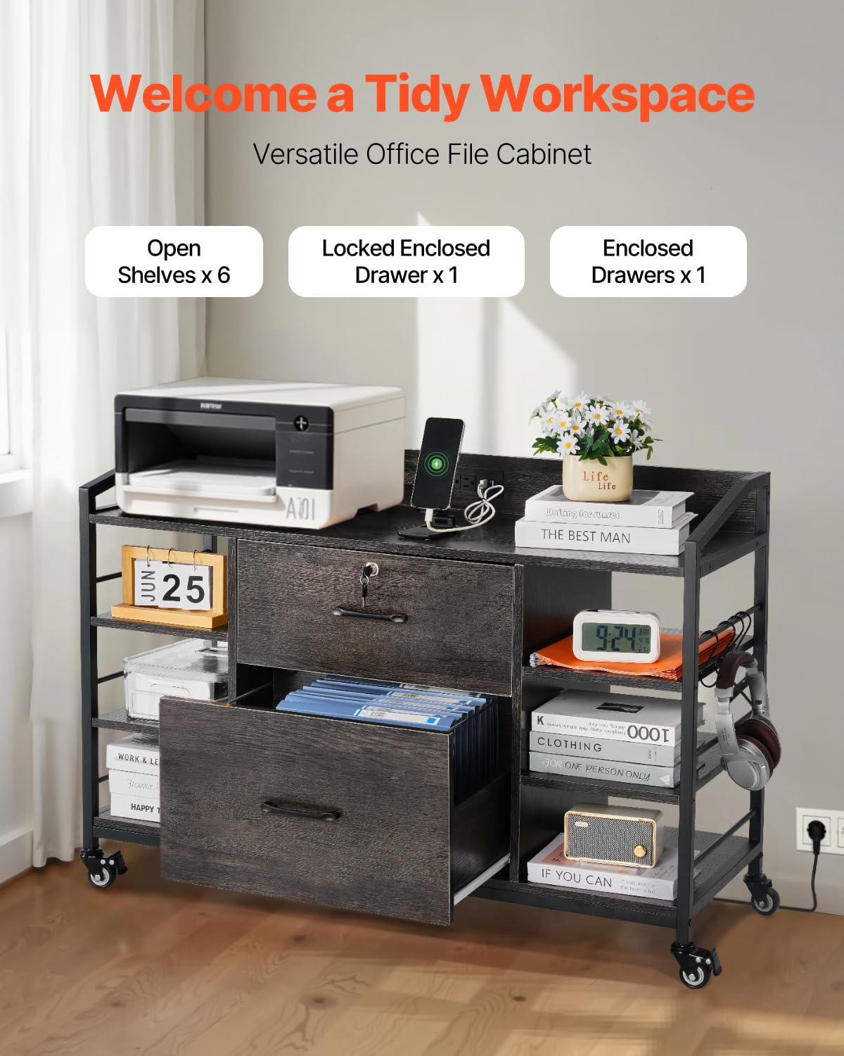 2 Drawer Metal File Cabinet with Lock and 6 Open Shelves, Gray X95116