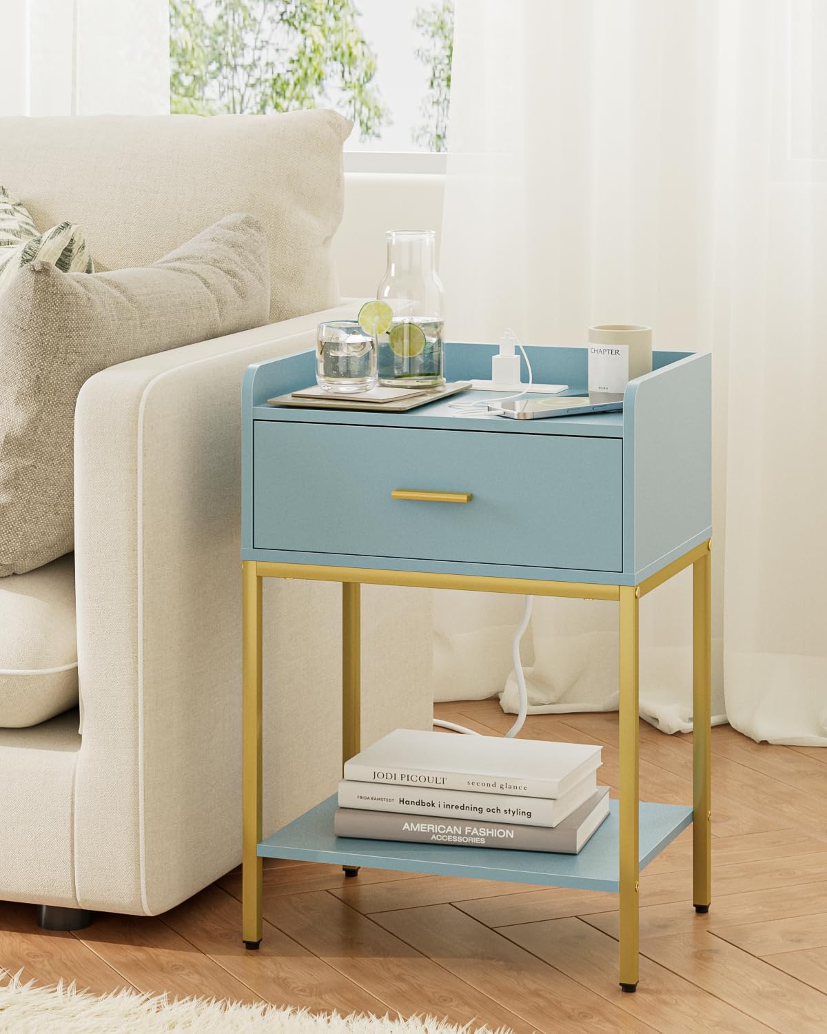 Gold and Blue 3-Tier Nightstand with Charging Station D274974
