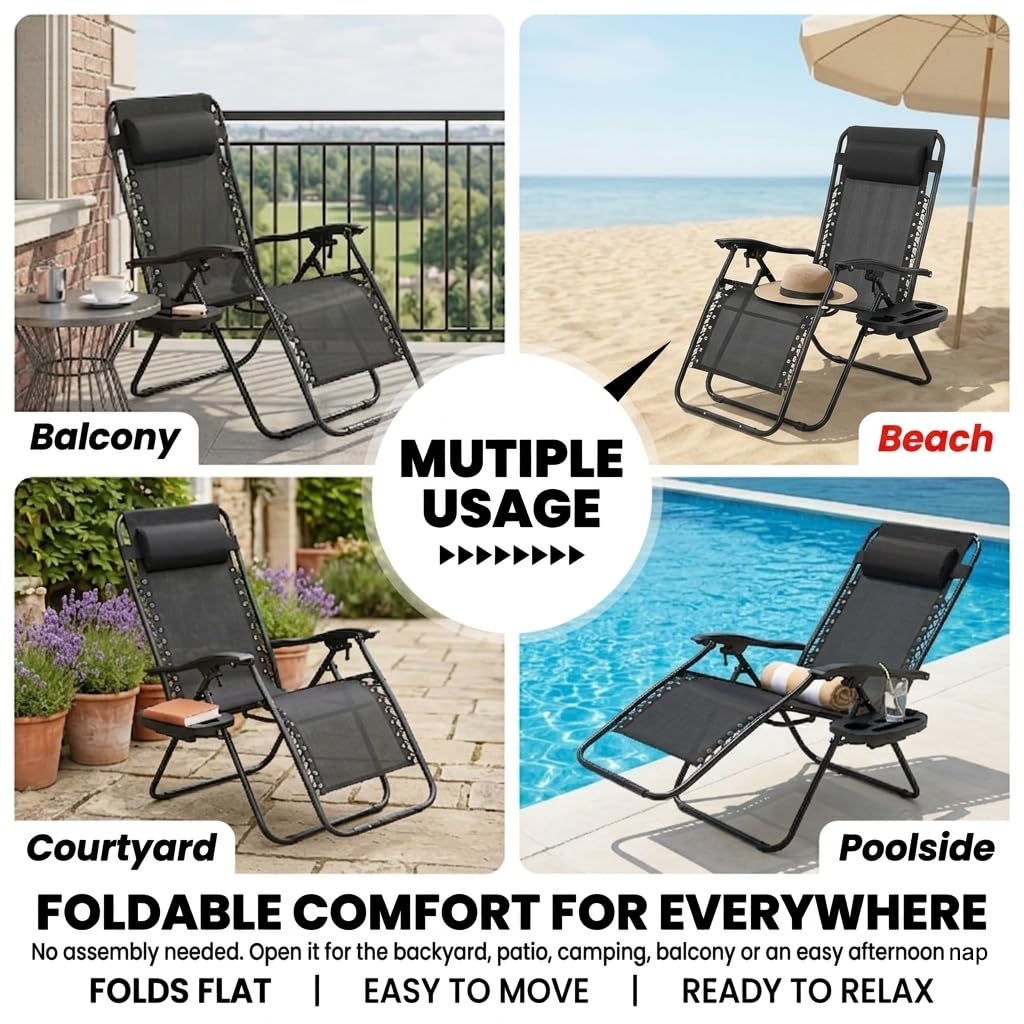 Black Zero Gravity Lounge Chair with Pillow & Cup Holder V621754