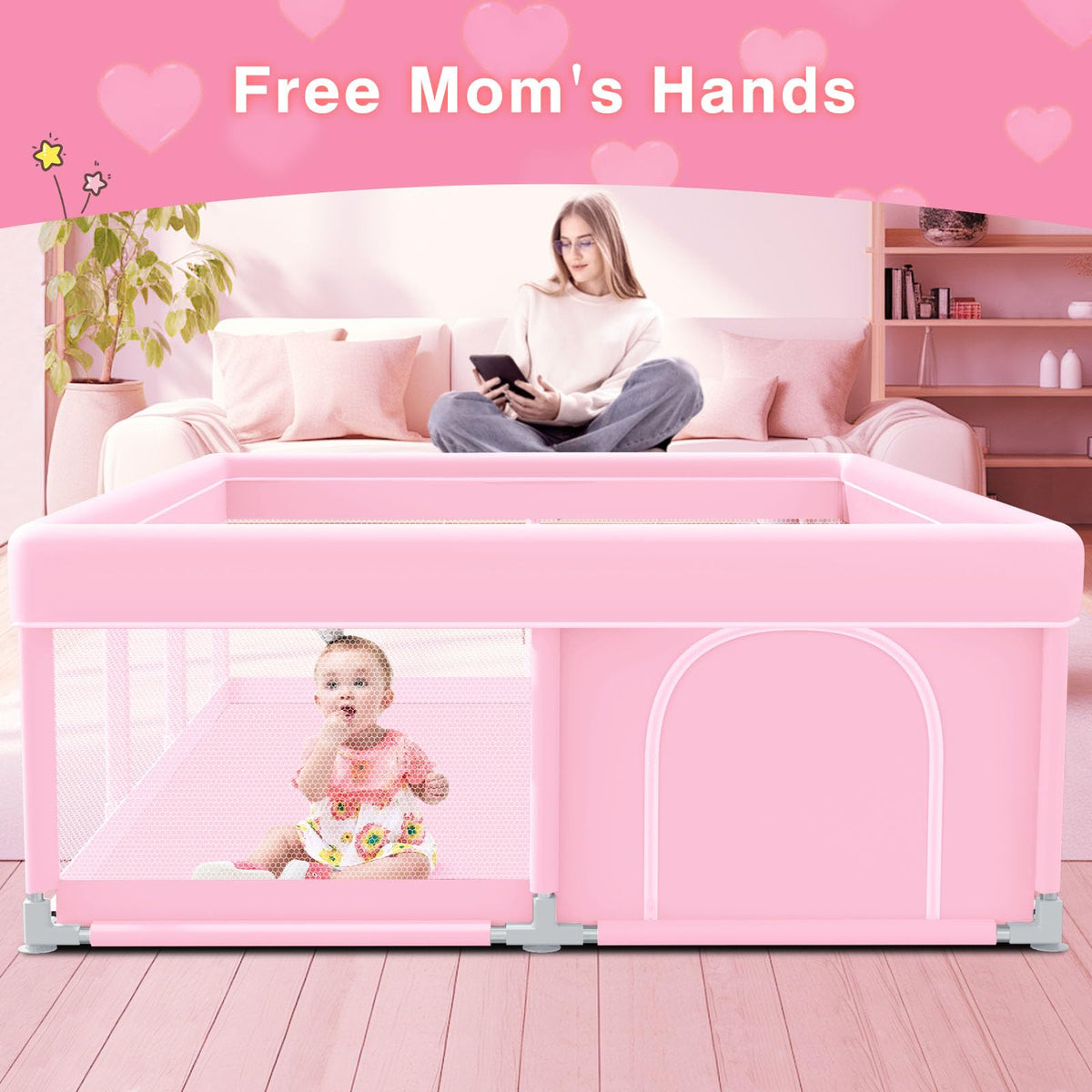 Pink Baby Playpen 74x50 Inches with Mesh Q187