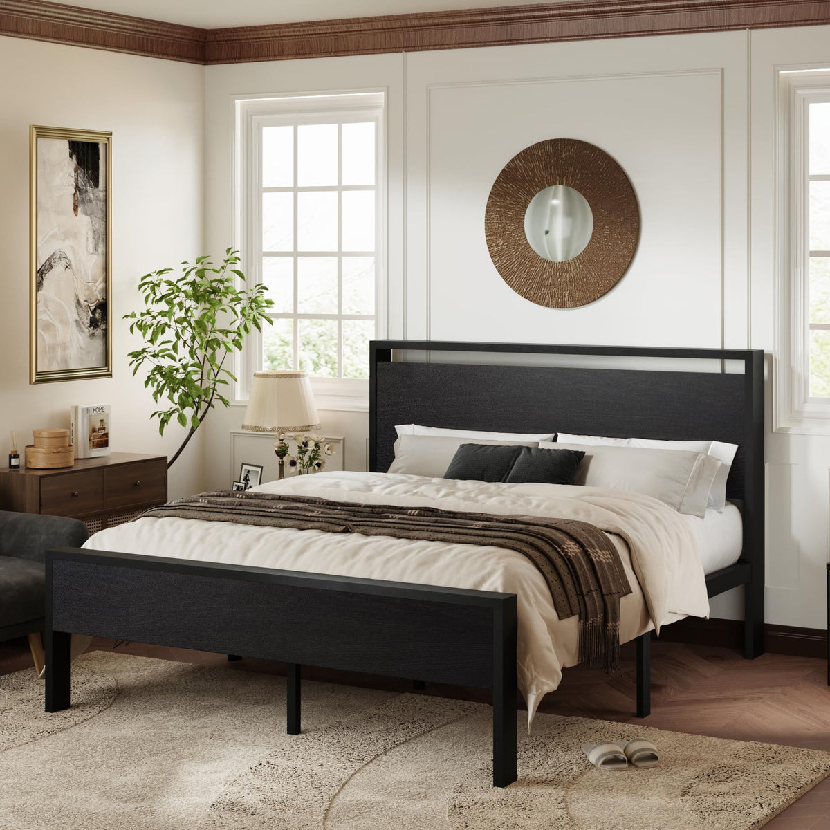 Queen Size Black Oak Bed Frame Y907