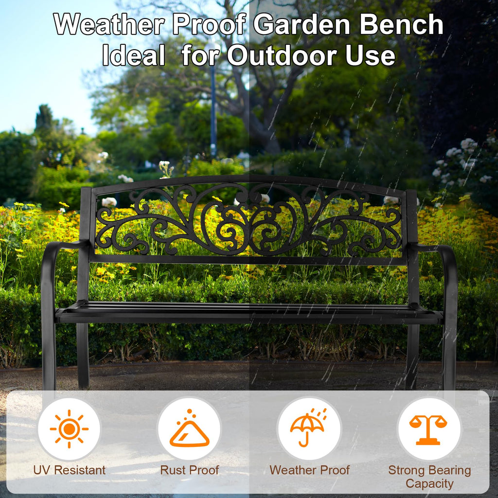 50in Black Metal Outdoor Bench with Armrests J870