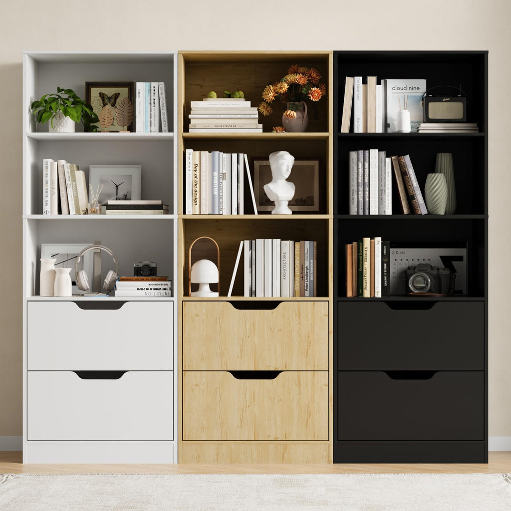 63" H Black Bookshelf with 2 Drawers H3434