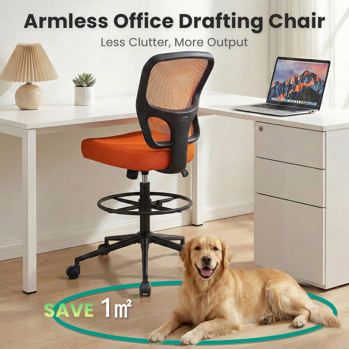 Armless Adjustable Height Mesh Drafting Chair with Foot Ring & Wheels F90607