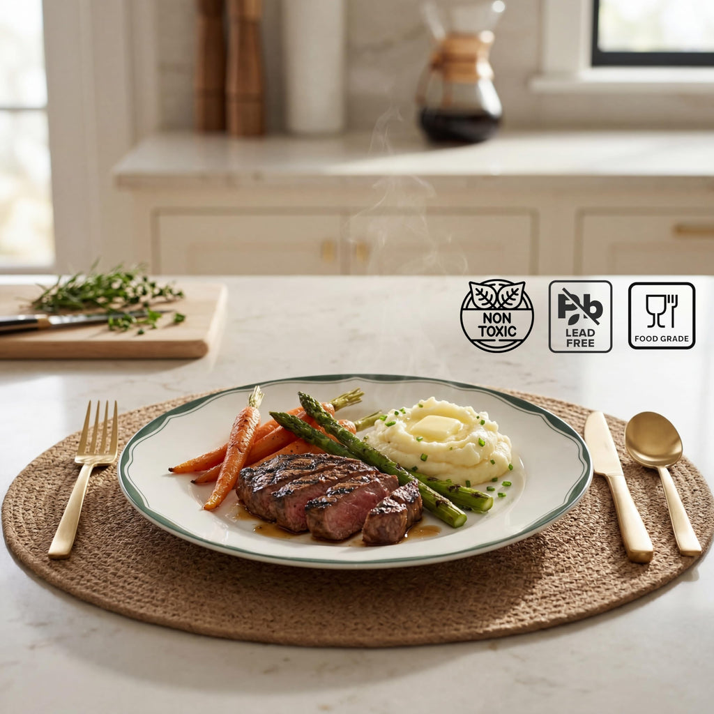 12-Piece Porcelain Dinnerware Set for 4, White & Sage Green Plates and Bowls Set T1719