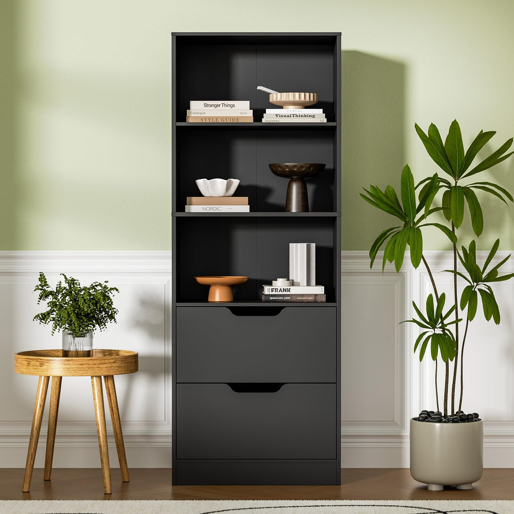 63" H Black Bookshelf with 2 Drawers H3434