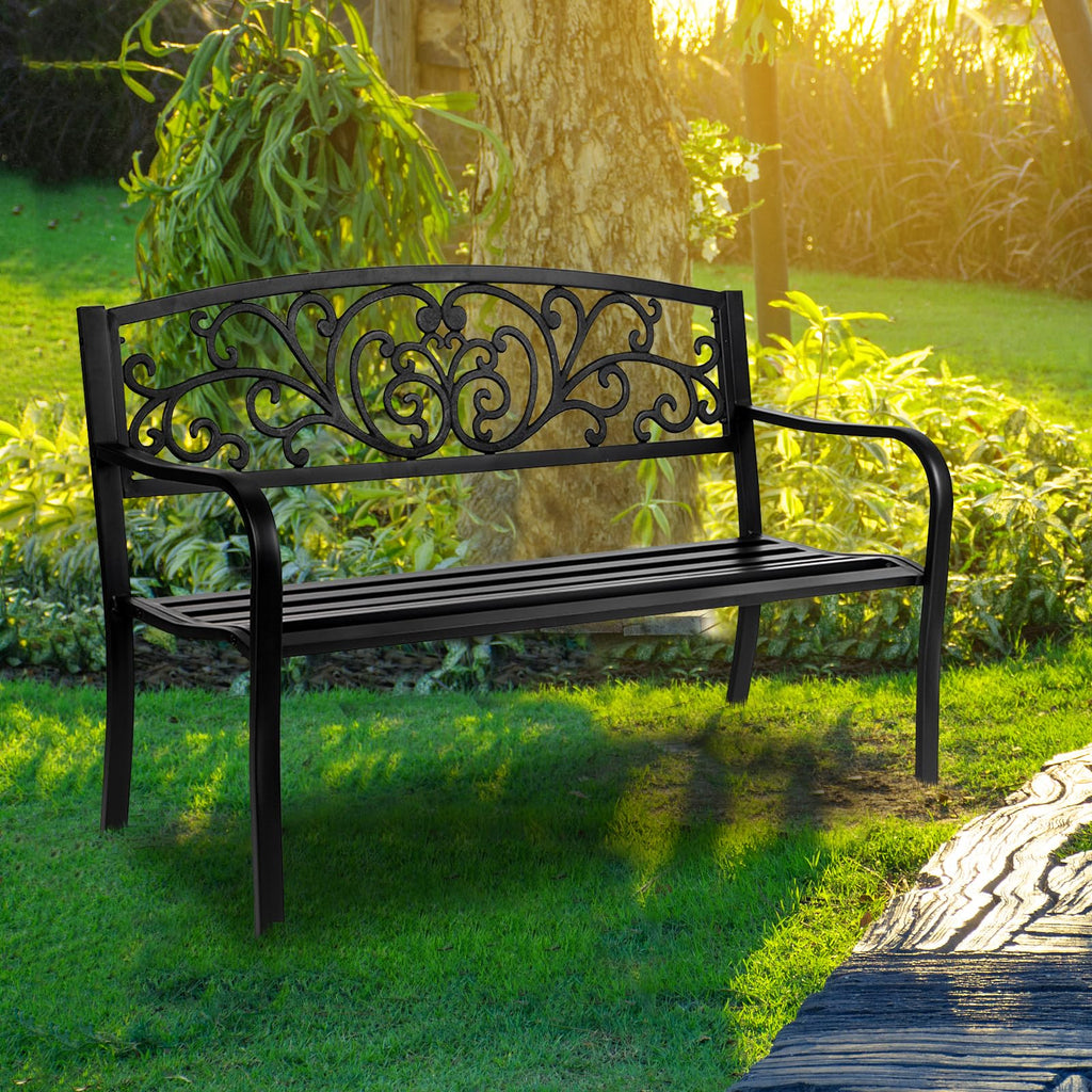 50in Black Metal Outdoor Bench with Armrests J870