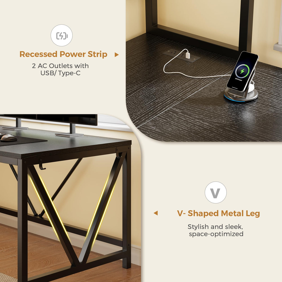 L Shaped Gaming Desk with Fabric Drawers and Power Outlet, Black W481
