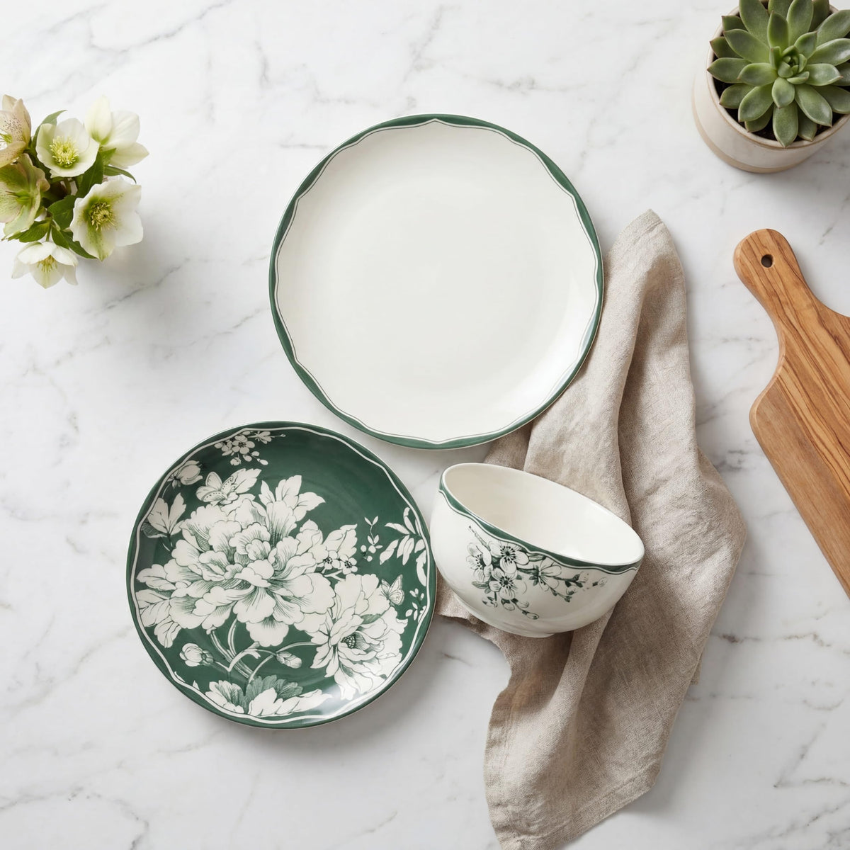 12-Piece Porcelain Dinnerware Set for 4, White & Sage Green Plates and Bowls Set T1719