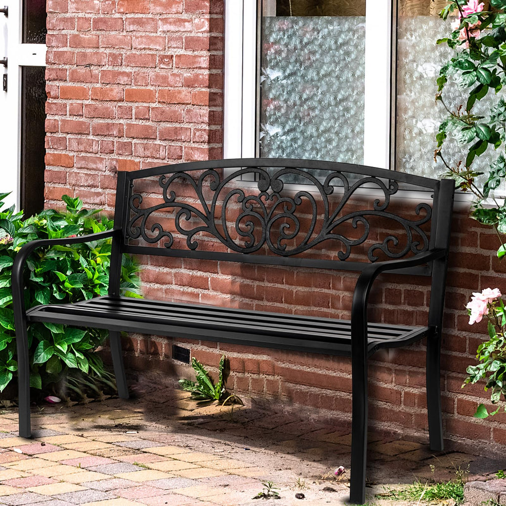 50in Black Metal Outdoor Bench with Armrests J870