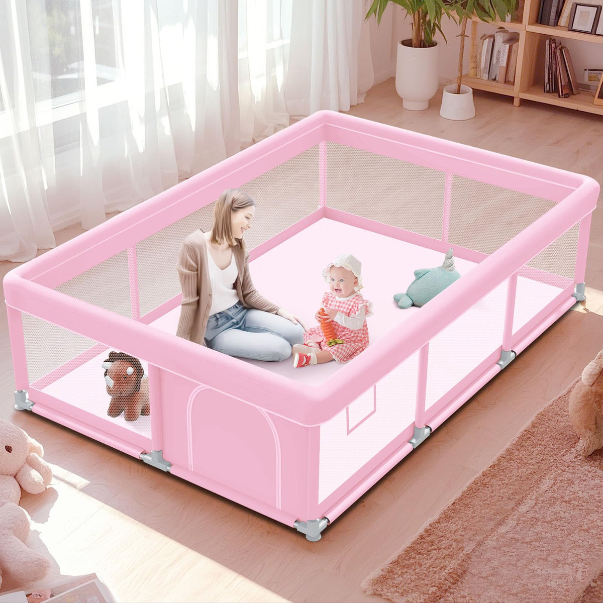 Pink Baby Playpen 74x50 Inches with Mesh Q187