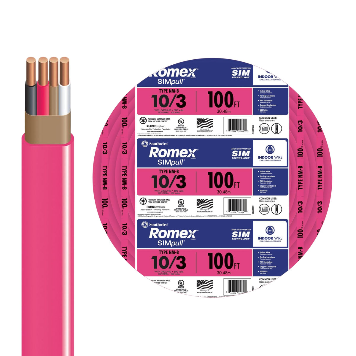 10 Gauge 3 Conductor Electrical Wire, 100Ft L4081