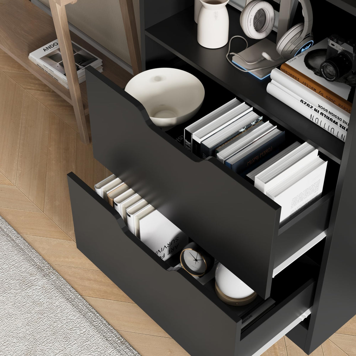 63" H Black Bookshelf with 2 Drawers H3434