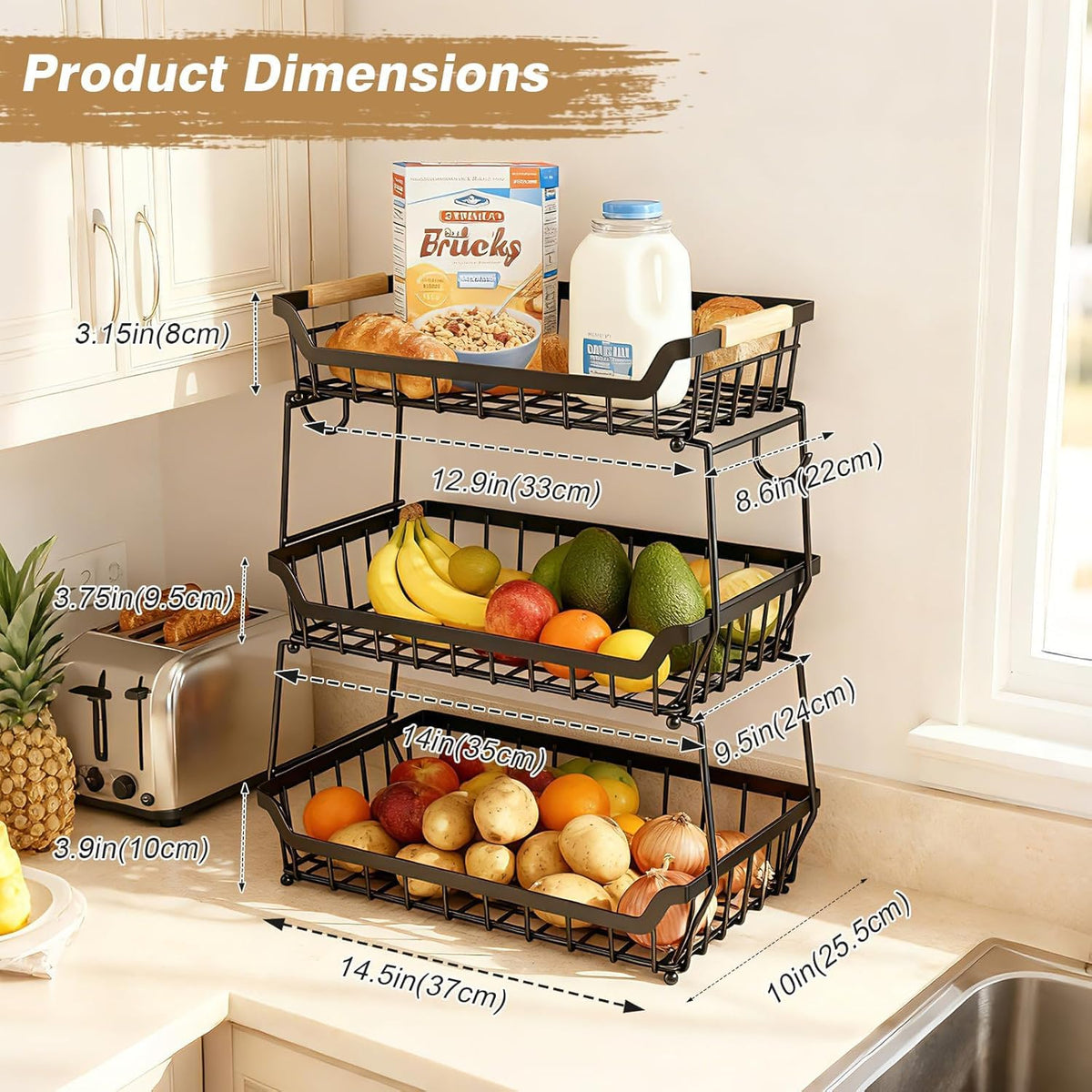 3 Tier Fruit Basket with 2 Banana Hangers C706