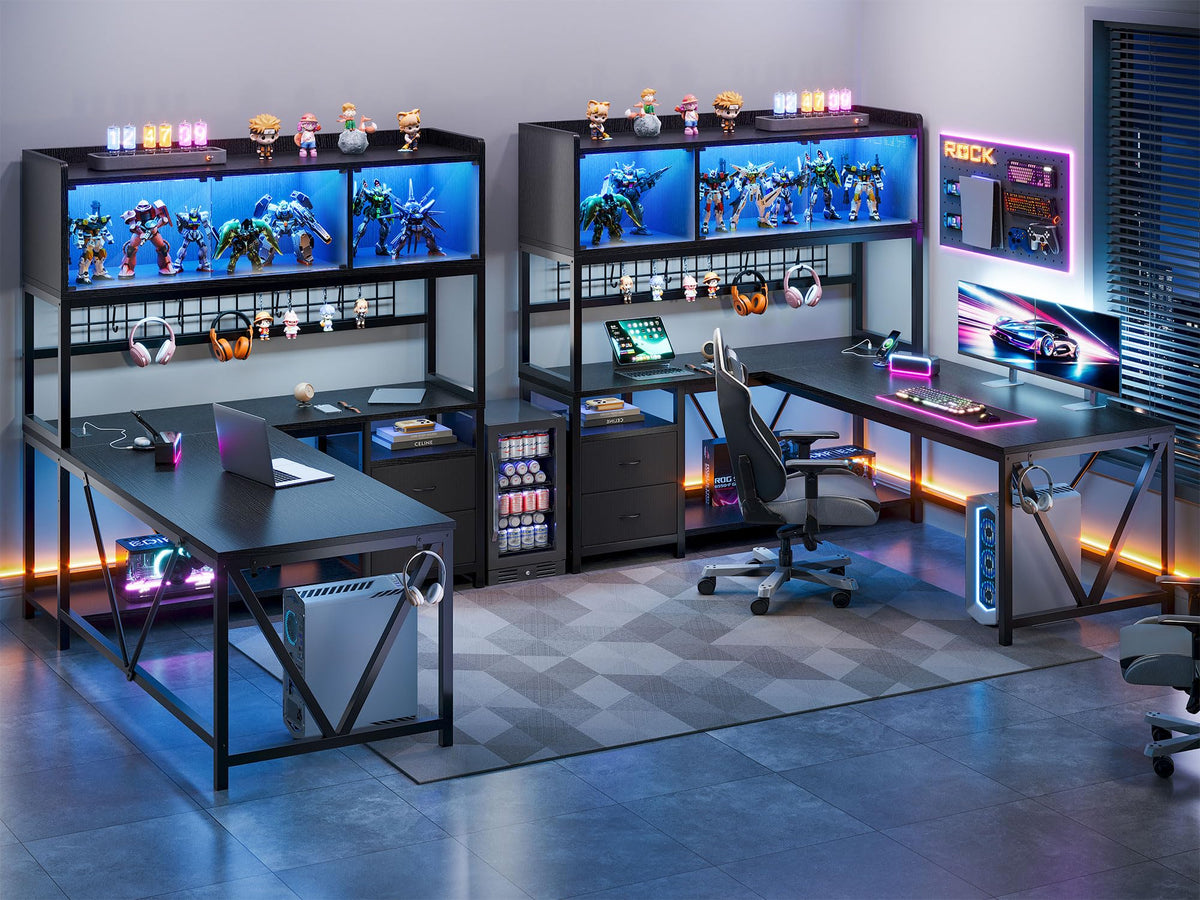 L Shaped Gaming Desk with Fabric Drawers and Power Outlet, Black W481