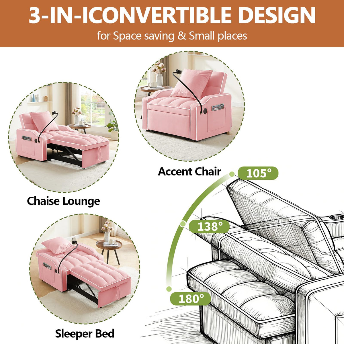 Pink Velvet Sofa Bed I638