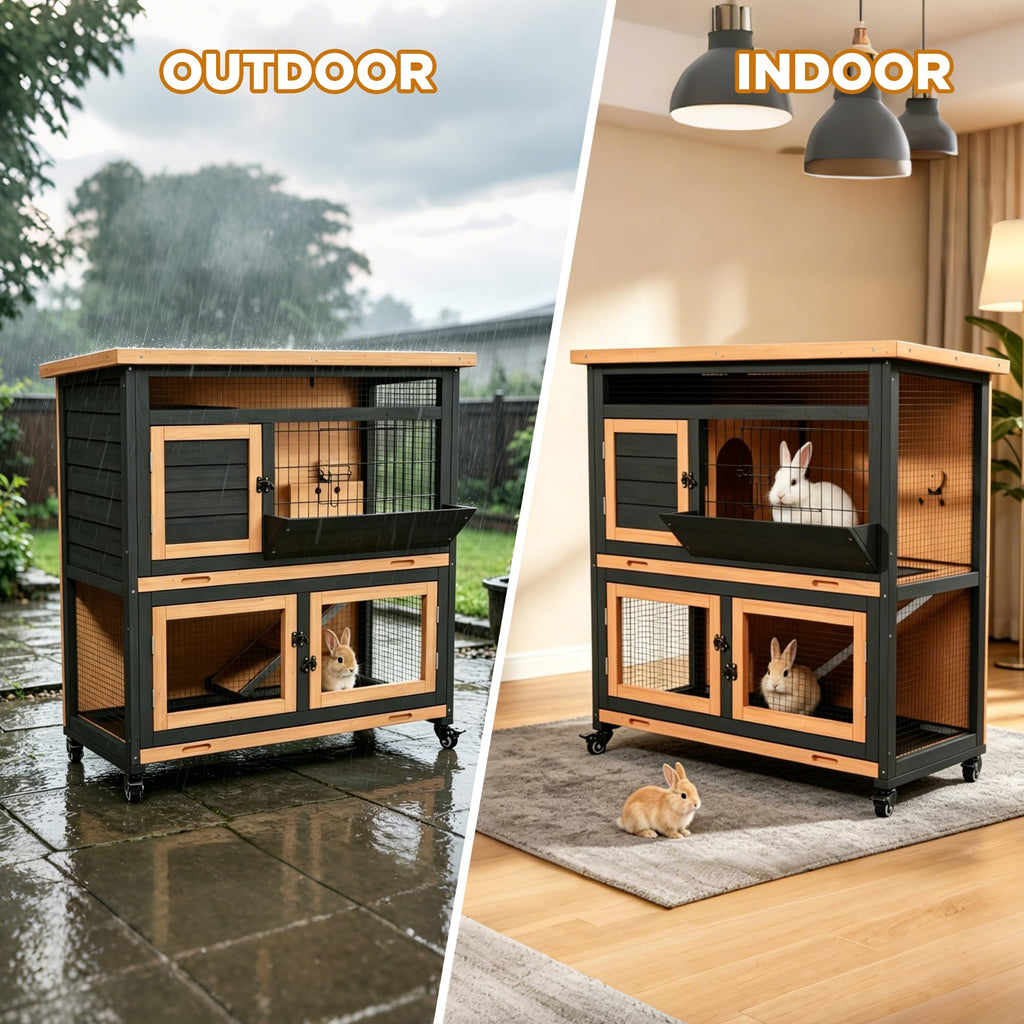 2-Story Wooden Rabbit Hutch with Wheel J14131