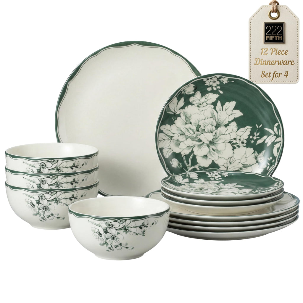12-Piece Porcelain Dinnerware Set for 4, White & Sage Green Plates and Bowls Set T1719