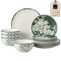 12-Piece Porcelain Dinnerware Set for 4, White & Sage Green Plates and Bowls Set T1719