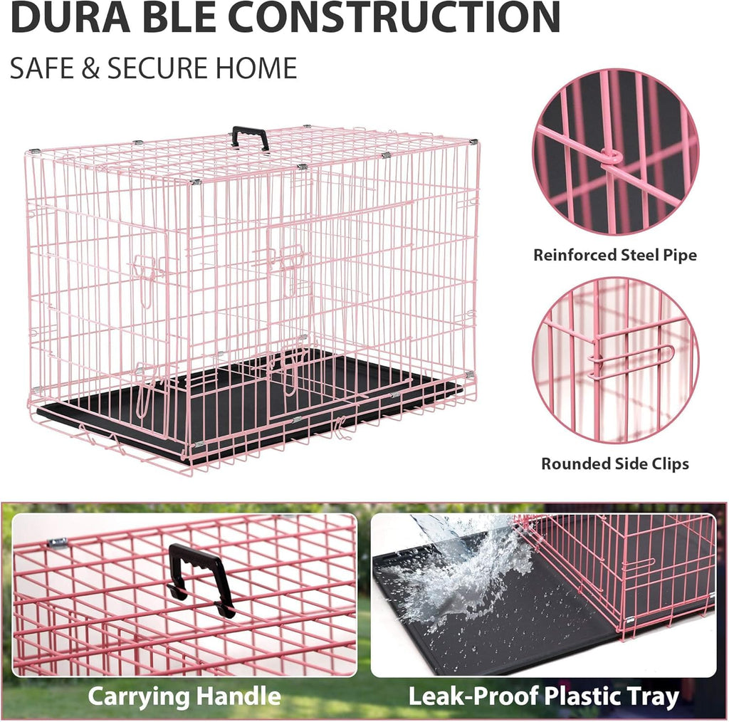 48 Inch Extra Large Pink Folding Metal Wire Dog Crate with Divider Panel Z85742