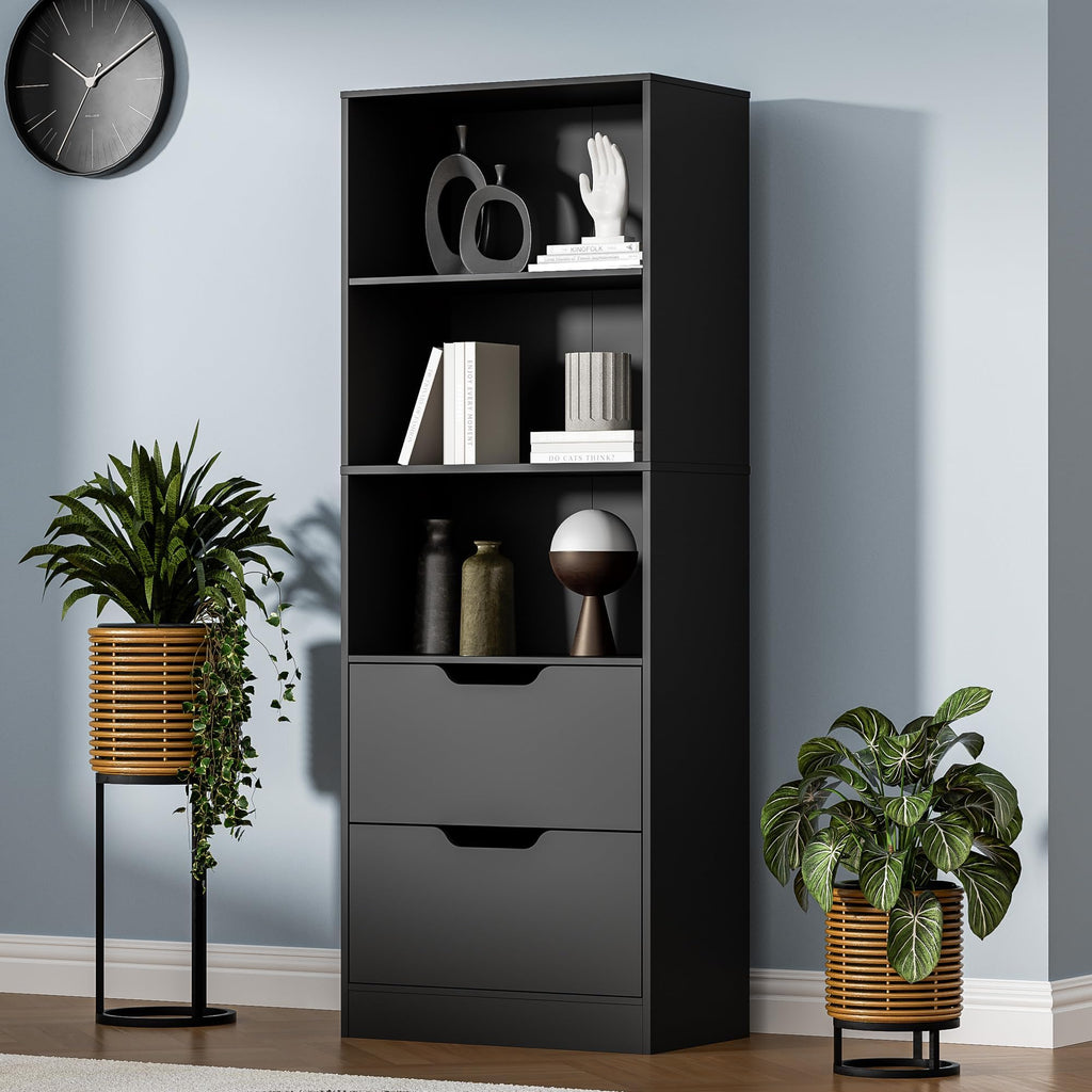 63" H Black Bookshelf with 2 Drawers H3434