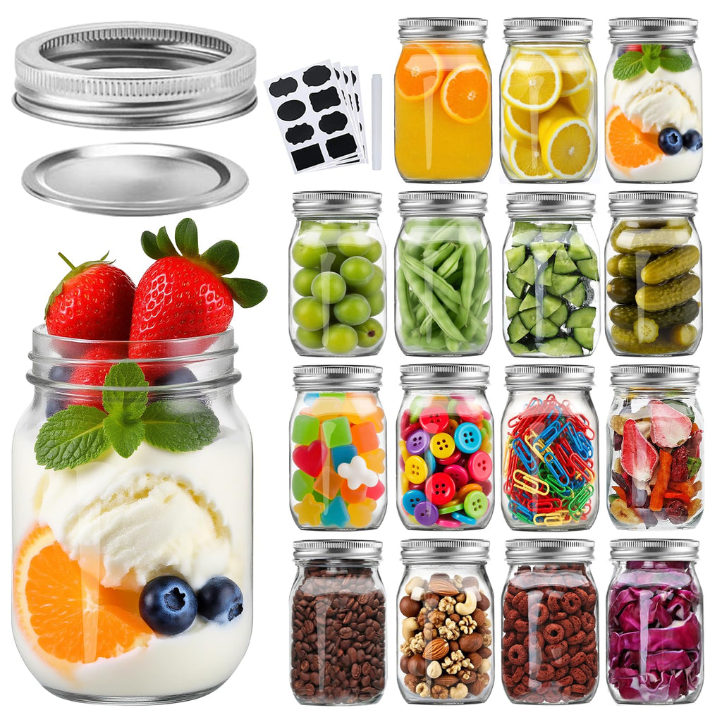 16 Pack 16 oz Glass Mason Jars with Airtight Lids and Bands Y33990