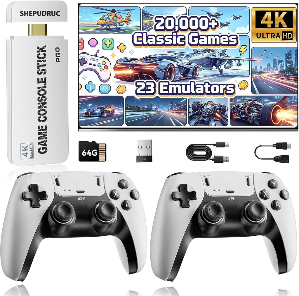 Wireless Retro Gaming Console Stick, 23 Built-In Emulators, 20,000+ Games, 4K HDMI Output, Dual 2.4G Wireless Controllers, 64GB F81346