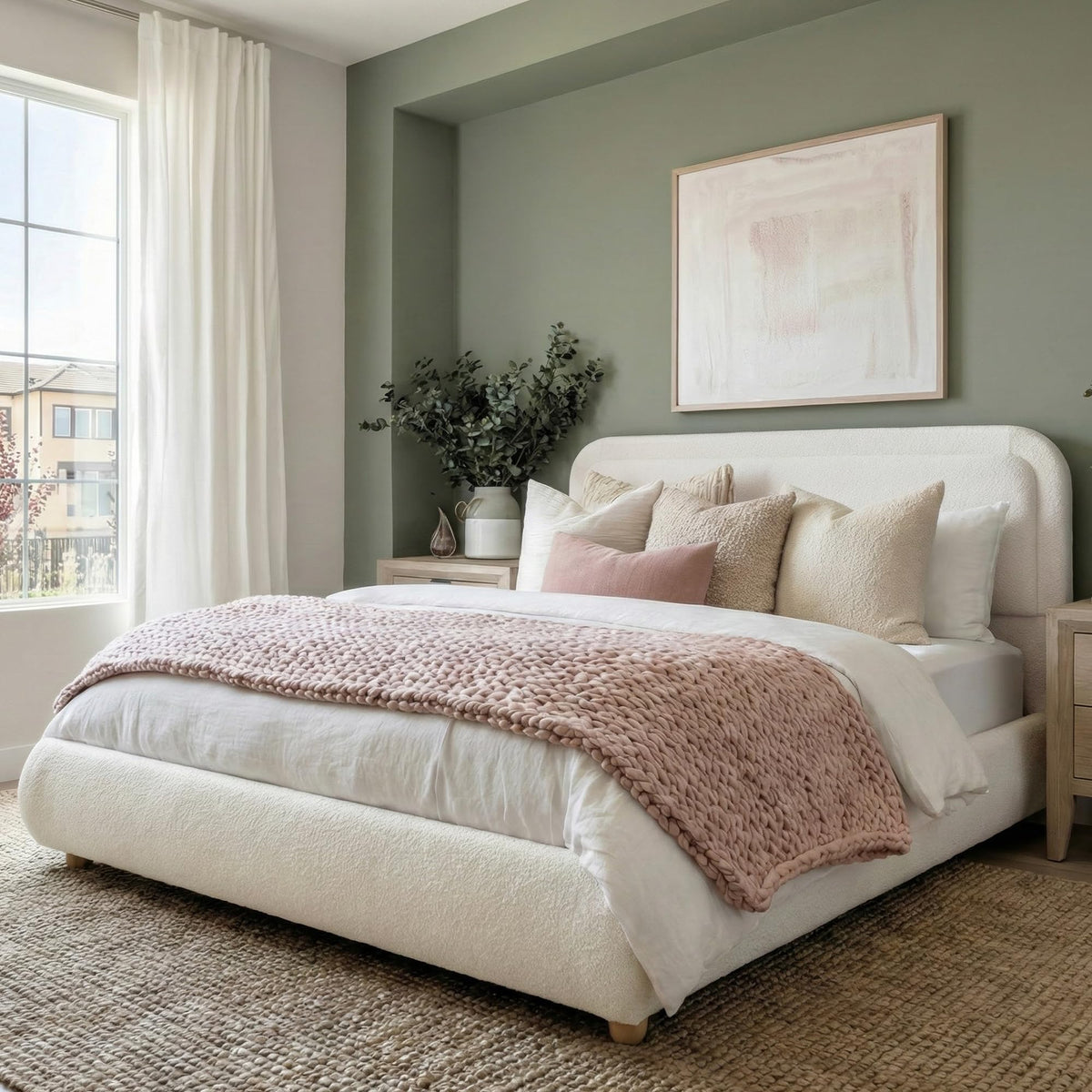Queen Size Bed Frame with Headboard Beige I9386
