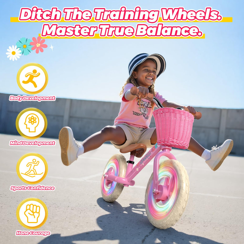 Toddler Balance Bike with Fender, Adjustable Seat/Handlebar, Flat-Free LED Tires M3531