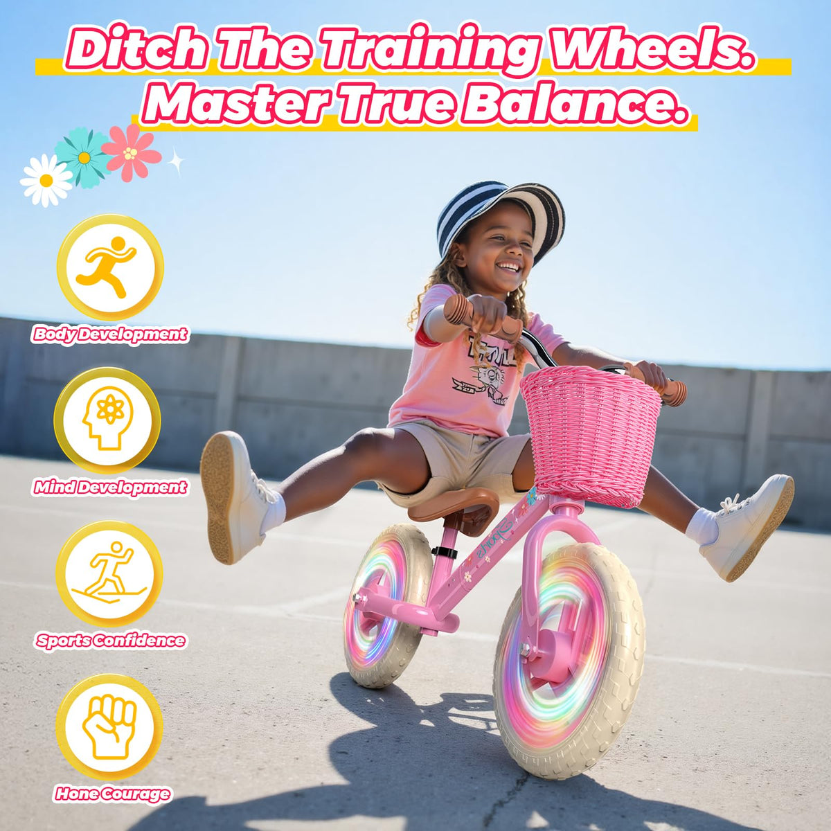 Toddler Balance Bike with Fender, Adjustable Seat/Handlebar, Flat-Free LED Tires M3531
