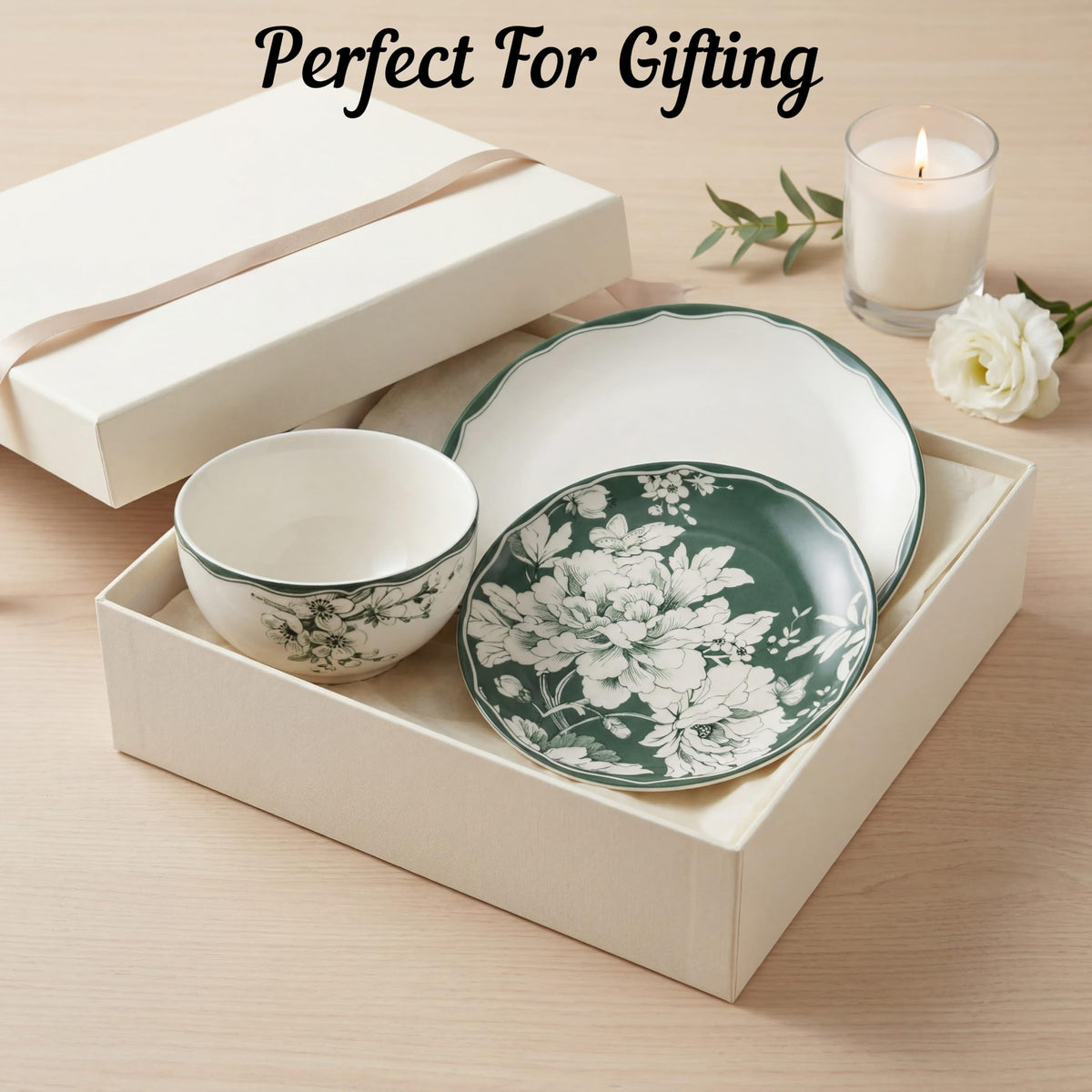 12-Piece Porcelain Dinnerware Set for 4, White & Sage Green Plates and Bowls Set T1719