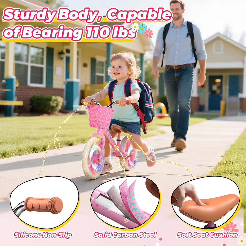 Toddler Balance Bike with Fender, Adjustable Seat/Handlebar, Flat-Free LED Tires M3531
