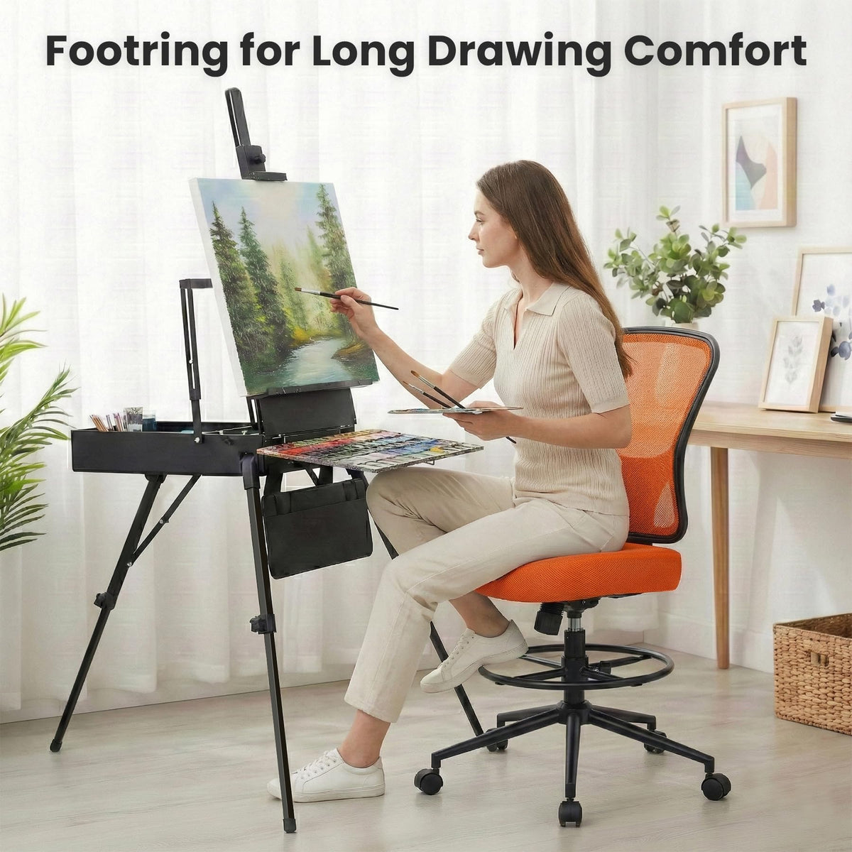Armless Adjustable Height Mesh Drafting Chair with Foot Ring & Wheels F90607