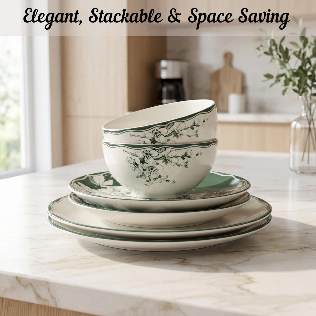 12-Piece Porcelain Dinnerware Set for 4, White & Sage Green Plates and Bowls Set T1719