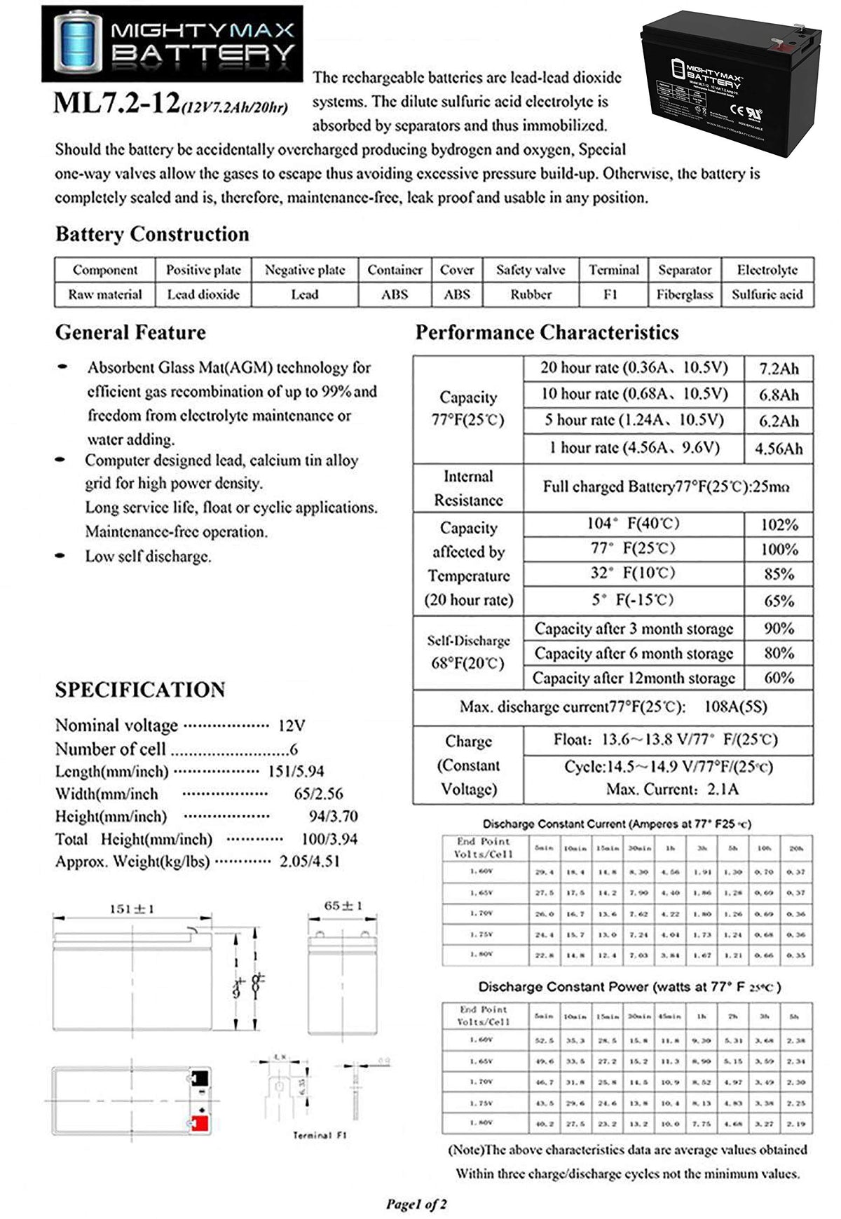 12 Volt 7.2 AH SLA Battery X78529