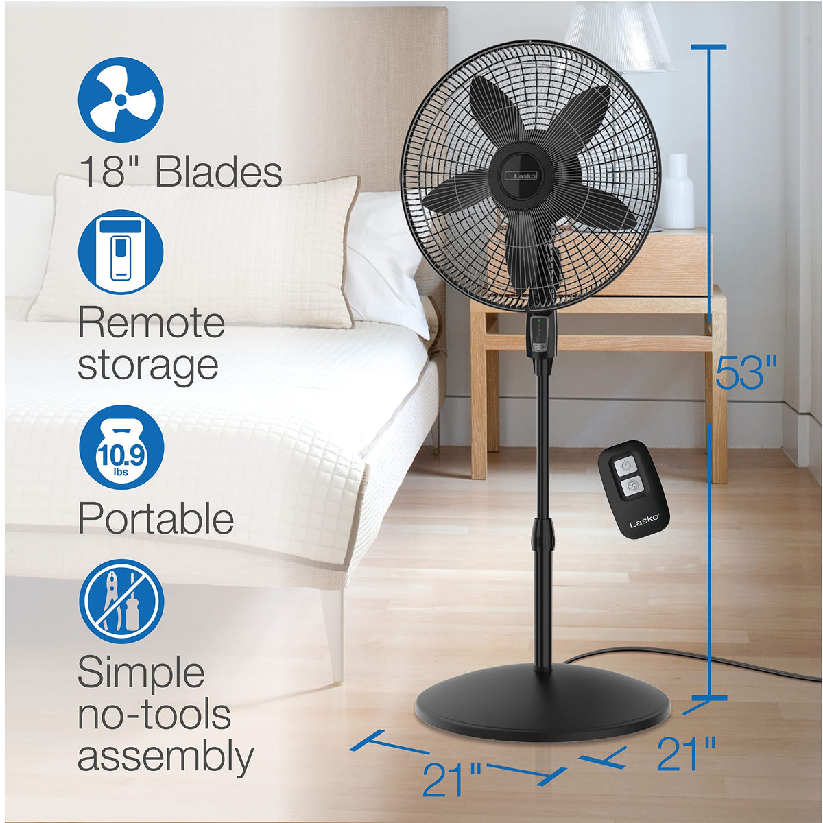 Oscillating Pedestal Fan, Adjustable Height, Remote Control, 4 Speeds, 18", Black R759