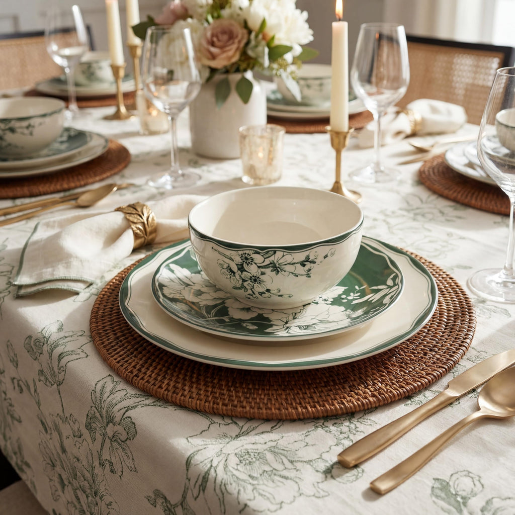 12-Piece Porcelain Dinnerware Set for 4, White & Sage Green Plates and Bowls Set T1719