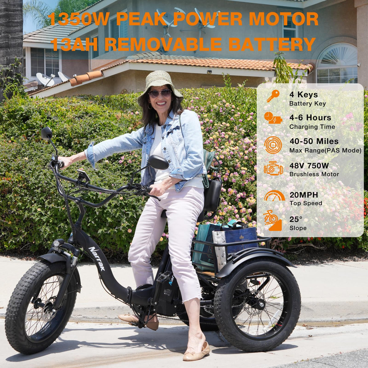 Electric Tricycle for Adults, 750W, 48V13Ah, 20"x4.0" Folding Fat Tire 3 Wheel Electric Trike Q495408