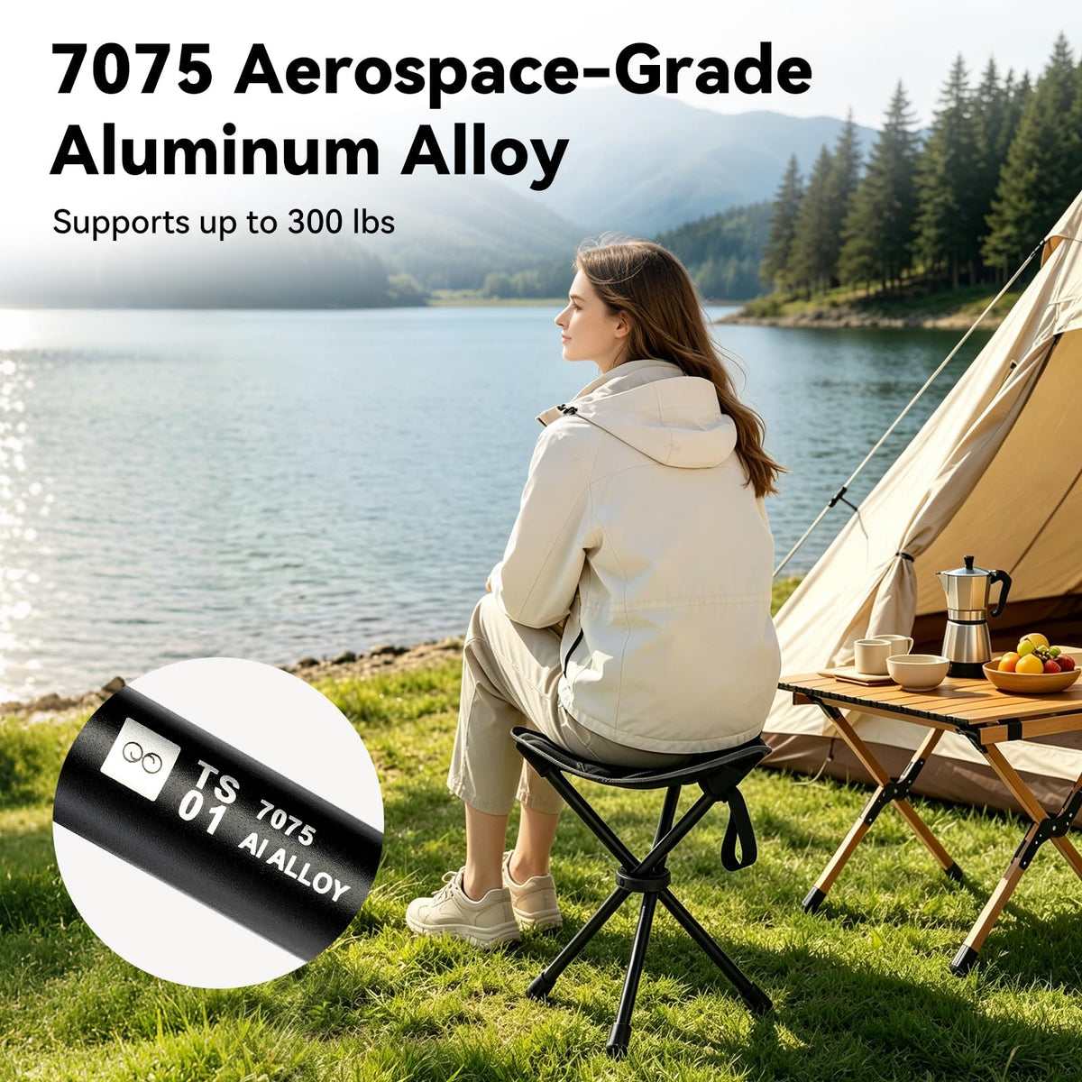 18"×14.5" Aluminum Alloy Folding Camping Stool, Black L84600