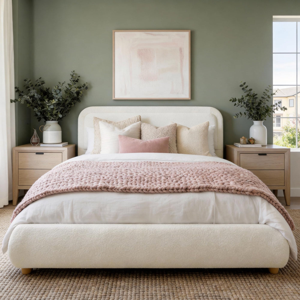 Queen Size Bed Frame with Headboard Beige I9386