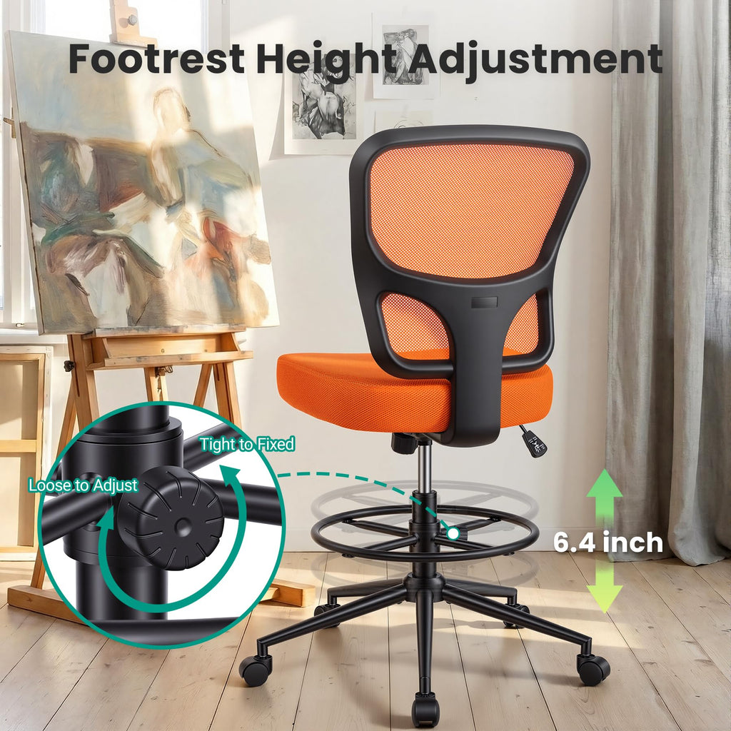 Armless Adjustable Height Mesh Drafting Chair with Foot Ring & Wheels F90607