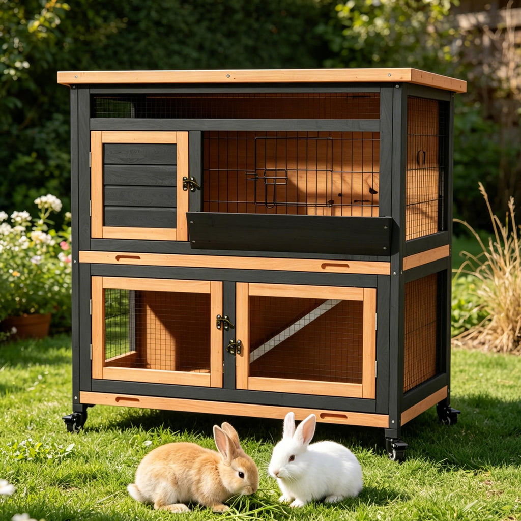 2-Story Wooden Rabbit Hutch with Wheel J14131