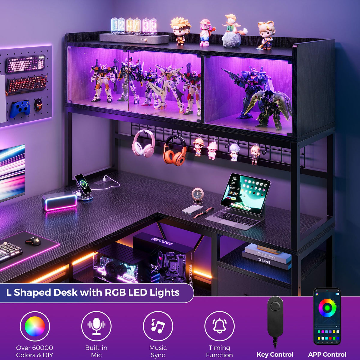 L Shaped Gaming Desk with Fabric Drawers and Power Outlet, Black W481