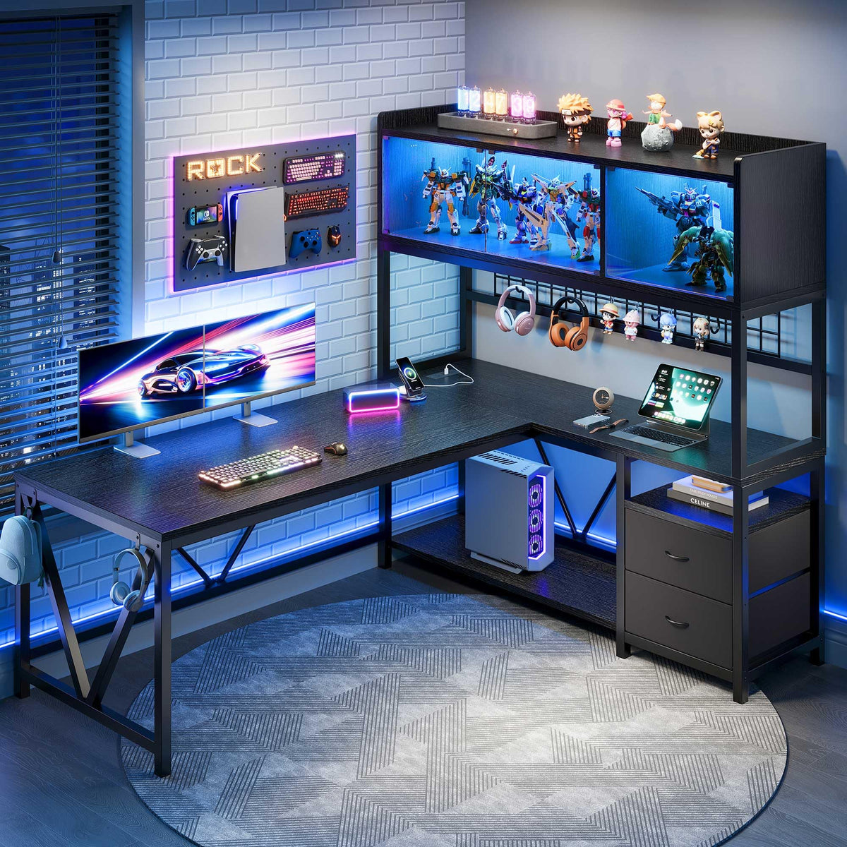 L Shaped Gaming Desk with Fabric Drawers and Power Outlet, Black W481