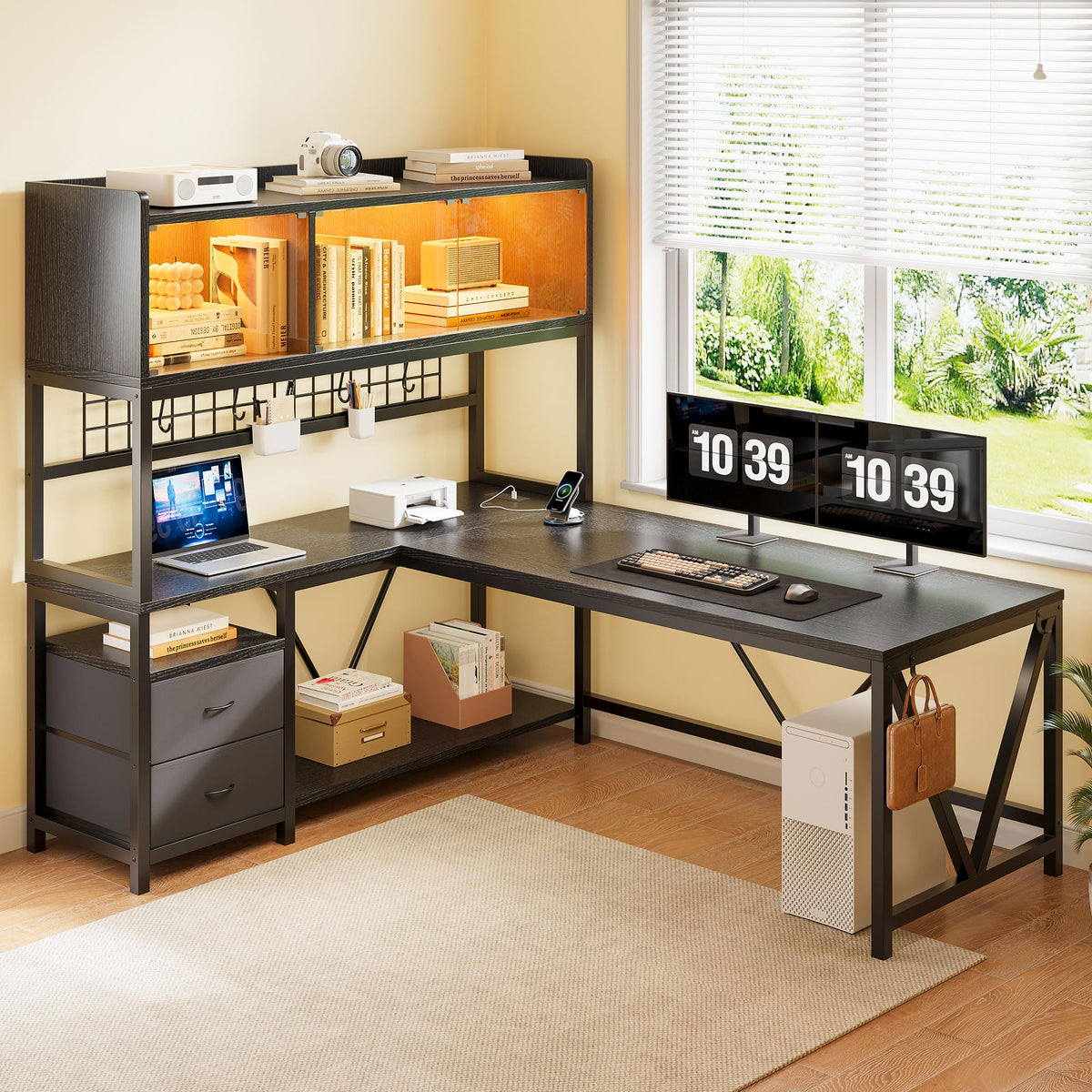 L Shaped Gaming Desk with Fabric Drawers and Power Outlet, Black W481